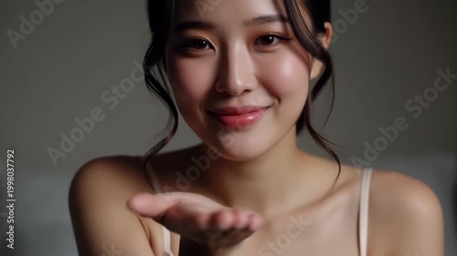 Slow motion close up handheld of young woman blowing kiss and smiling in indoor studio bedroom setting with soft warm lighting and natural skin tones