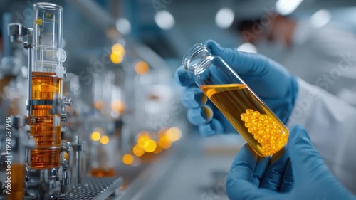 Gloved hand holding a glass vial with orange liquid in a laboratory setting with scientific equipment.