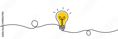 A bright yellow lightbulb symbolizing a new idea, drawn with a thin black line on a clean white background, representing creativity and inspiration.