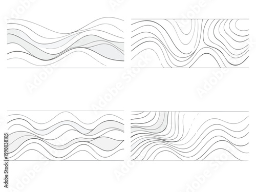 Print  Ultra Minimal Topographic Contour Line Pattern Strip Set with Smooth Elevation Curves and Layered Flowing Lines, Soft Grayscale Palette, Clean White Background, Precise Vector Paths for Modern 