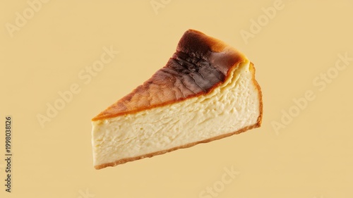 Single slice of basque burnt cheesecake with dark brown caramelized on beige background