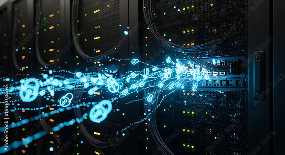 Obraz premium High-speed data streams illuminating modern server racks in a secure data center, symbolizing advanced network infrastructure and digital information flow