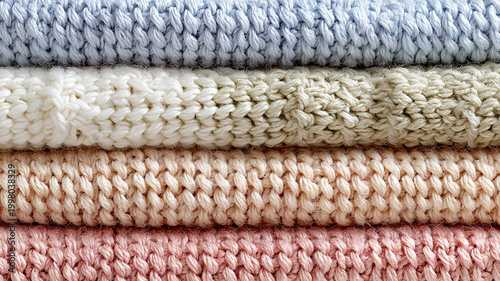 Pile of cozy light knitted clothes and blankets for cold weather. Comfort organic sweaters and plaids. Hygge style idea. Pastel colors. Knitted wool sweaters