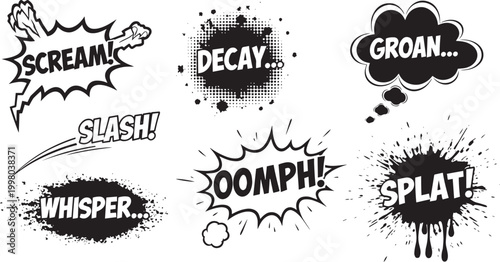 Horror Comic Sound Effects - Dark Grunge Speech Bubbles and Splat Vector Art