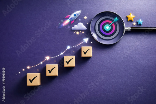 Wooden cubes featuring checkmarks climb a glowing growth arrow toward a magnifying glass with a target, representing business success and strategic goal achievement for.