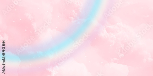 Bright beautiful pink sky with clouds and rainbow effect