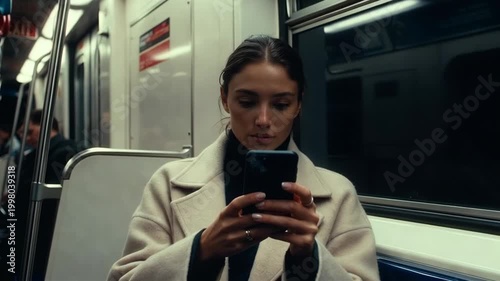 Tracking shot of woman using smartphone while seated in subway train interior during evening commute