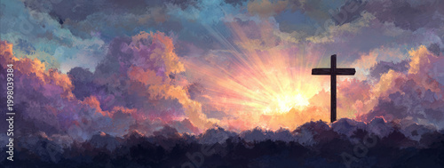 Dramatic cross silhouette against vibrant, colorful sunset sky