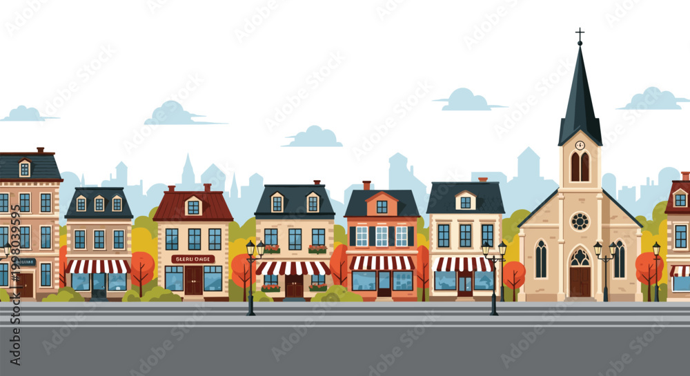 Naklejka premium Colorful street of charming traditional houses and a church in an autumn townscape illustration with fall foliage and shop fronts.