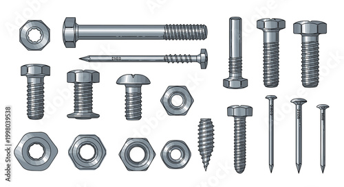Comprehensive collection of industrial hardware items including various sizes of steel bolts, hexagon nuts, and screws.