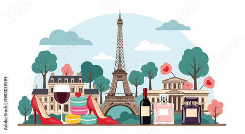 Paris cityscape featuring the Eiffel Tower surrounded by macarons, wine, perfume bottles, and red high heel shoes.