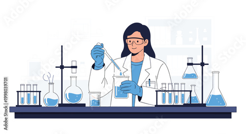 Professional female scientist in a white lab coat uses a pipette to transfer liquid into a beaker surrounded by chemical glassware.