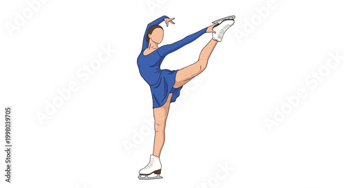 Female figure skater in a blue dress performs a graceful leg lift on the ice rink during a winter sports competition or training.