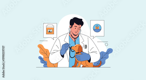 Kind male veterinarian in a white coat using a stethoscope to examine a cute small brown puppy in a clean pet clinic setting.