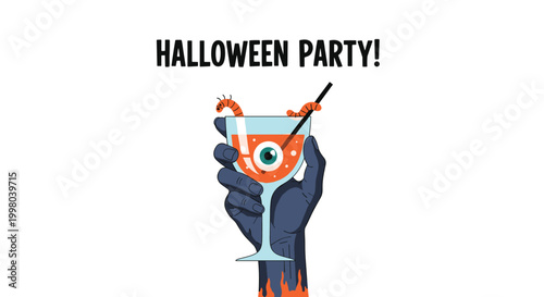 Hand holding a spooky Halloween themed cocktail glass containing an eyeball and worms for a festive holiday party or spooky celebration.