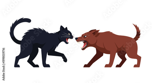 Aggressive black cat and brown dog facing each other with arched backs and bared teeth in a tense confrontation on a white background.