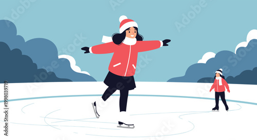 Young girl wearing winter clothes enjoys ice skating on a frozen outdoor pond with a friend under a clear sky during the cold season.