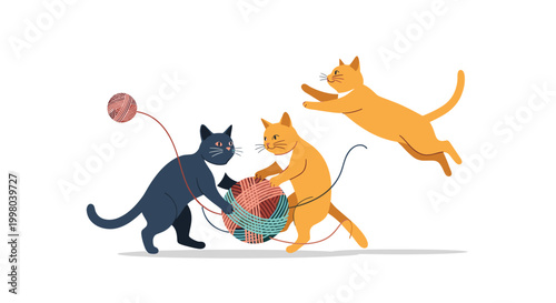 Three playful kittens of different colors interacting with large balls of multi-colored yarn on a clean white background for a fun look.