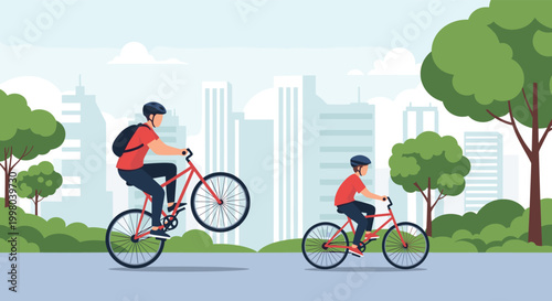 Father and son riding their red bicycles through a lush green city park with urban buildings and trees in the background landscape.