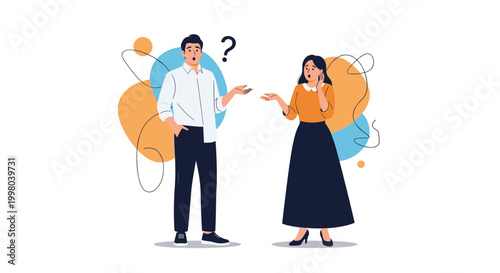 Man and woman in casual clothes looking confused and gesturing towards each other with a question mark symbol between them in dialogue.