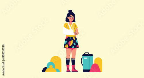 Young woman with her arm in a white sling and bandages on her legs looking sad after suffering from a physical injury or accident.