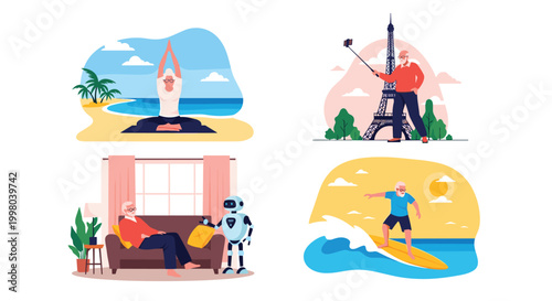 Four panels showing a senior man enjoying an active lifestyle through travel, yoga on the beach, surfing, and receiving robot home care.