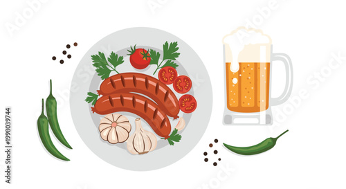 Top view of delicious grilled sausages on a white plate with garlic, tomatoes, and parsley served alongside a cold glass of foamy beer.