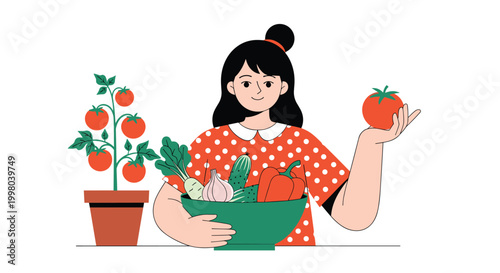 Smiling girl holding a green bowl filled with fresh vegetables and a large red tomato next to a growing tomato plant in a terracotta pot.