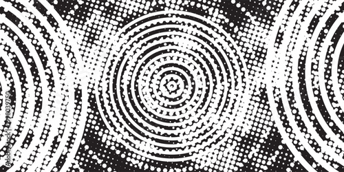 Distressed background in black and white texture with circles, spots, scratches, and lines. Abstract vector illustration.