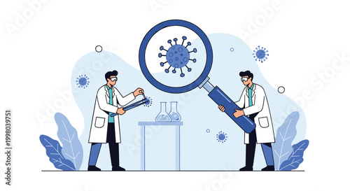 Professional researchers in lab coats and safety glasses using a large magnifying glass to examine a virus structure in a laboratory.