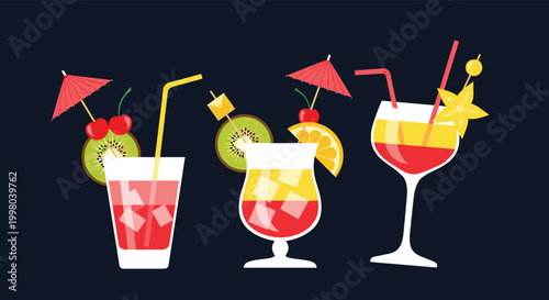 Three tropical cocktails garnished with kiwi, orange, cherries, and umbrellas served in different glasses against a dark night background.