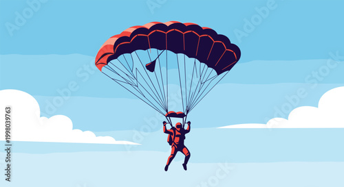 Brave skydiver descending through a clear blue sky with a large red parachute against white fluffy clouds.