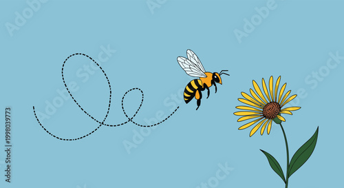 Small honeybee flying towards a yellow daisy flower leaving a dotted flight path trail on a solid light blue background in a simple style.