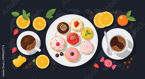 Overhead view of a breakfast table spread featuring two cups of coffee, various donuts with frosting, orange slices, and fresh berries.