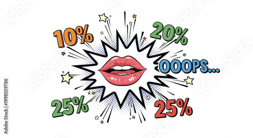 Vibrant pop art style illustration of lips surrounded by discount percentages and the word oops for a creative marketing sale banner.