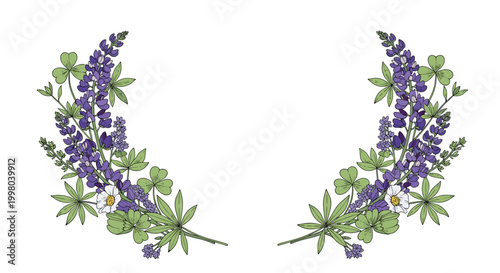 Symmetrical floral arrangement features purple lupine flowers, white daisies, and green clovers, creating a beautiful nature-inspired border.