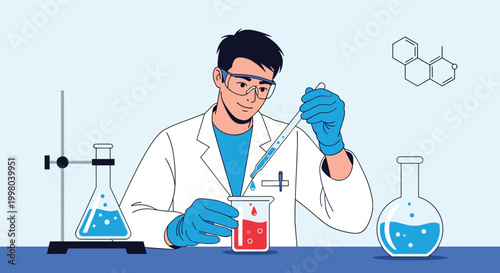 Focused male scientist in a white lab coat uses a pipette to transfer liquid into a beaker in a laboratory filled with chemistry equipment.