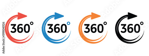 360 degree icon, red blue orange black variants, rotation arrows symbols, full circle view concept, vector illustration