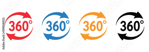 360 degree icon, red blue orange black colors, circular rotation symbols, panoramic view concept, vector illustration