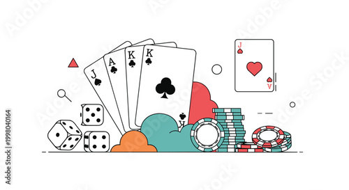 Gambling and casino themed illustration featuring playing cards, dice, and poker chips with abstract colorful clouds.
