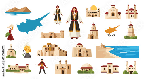 Travel to Cyprus elements including map, historical architecture, traditional costumes, and beautiful beach landscapes.