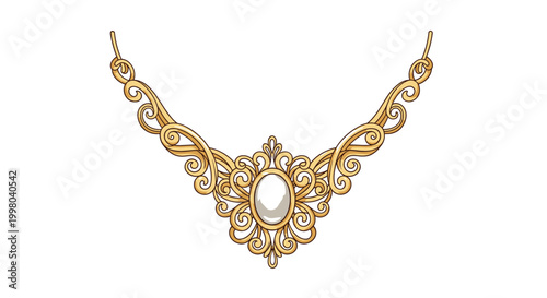 Elegant golden necklace featuring intricate swirling patterns and a large white oval pearl at the center on a white background.