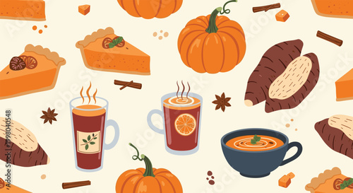 Seamless autumn pattern with icons of pumpkins sweet potatoes hot cider mugs and pie slices on a light cream background.