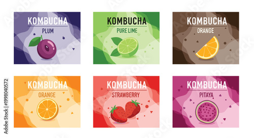 Set of colorful kombucha bottle labels for various flavors including plum lime orange strawberry and pitaya fruit.