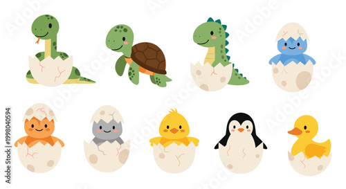 Adorable set of baby animals hatching from eggs including a snake turtle dinosaur chick penguin and duckling for kids.