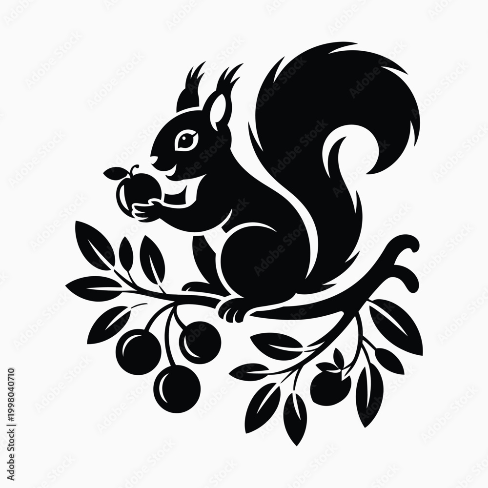 Fototapeta premium Squirrel silhouette vector with fruit branch wildlife animal illustration. Perfect for nature and animal design.