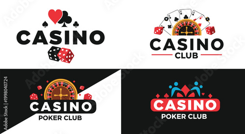 Collection of casino and poker club logos featuring roulette wheels cards dice and chips for gaming and entertainment.