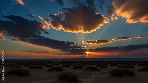 Time lapse static panoramic view of sun setting with rays breaking through clouds over sand dunes in desert at twilight