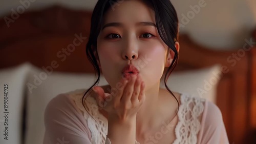 Slow motion close up of woman blowing a kiss toward viewer on bed in cozy bedroom setting