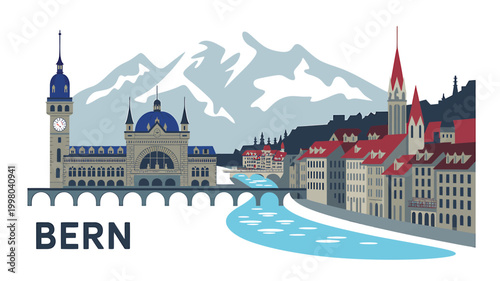 Illustration of Bern cityscape with river and mountains in Switzerland landscape